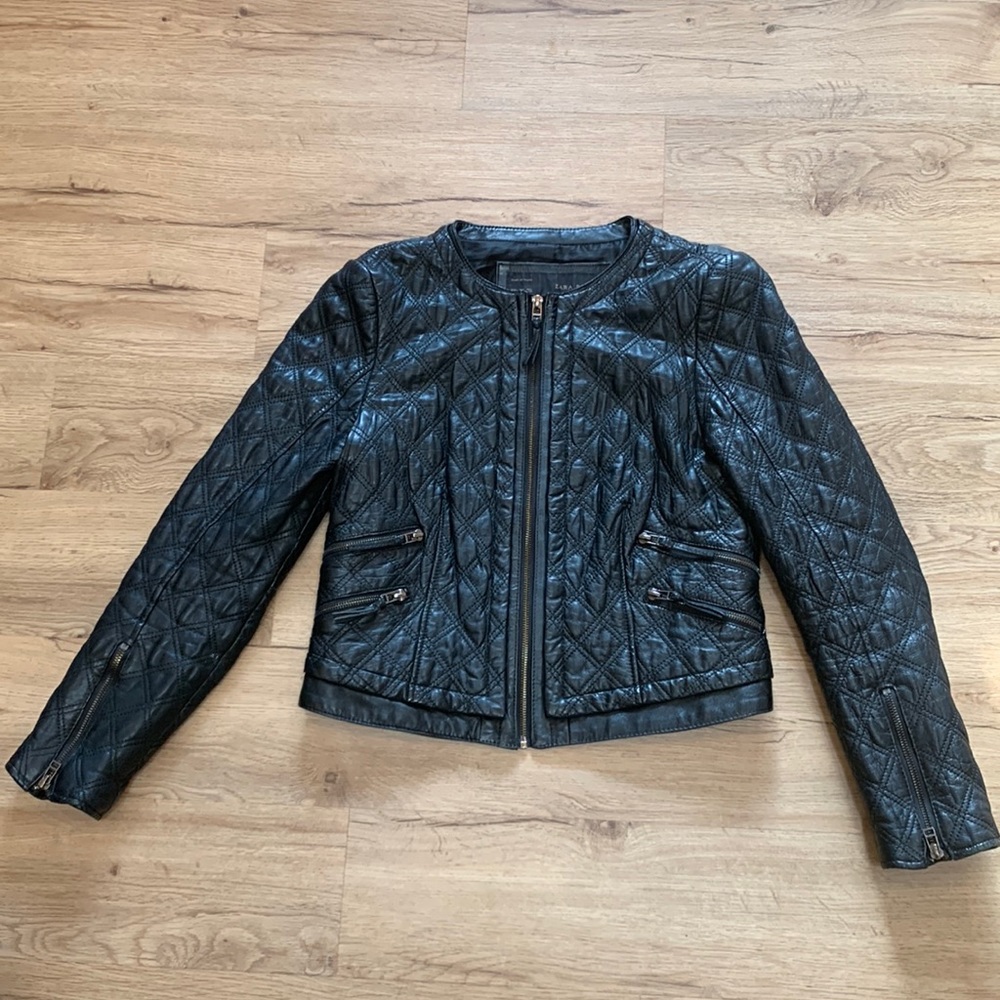 Zara Basic black leather lamb skin jacket size L